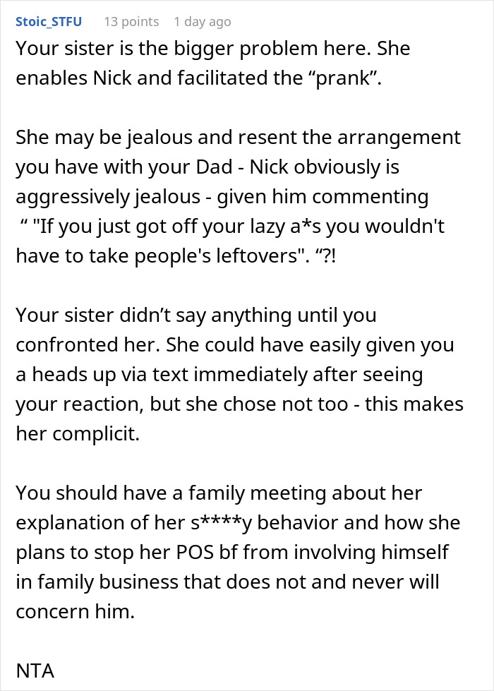 Screenshot of a discussion about a man pulling a harmless prank on his girlfriend&rsquo;s sister and the sister&rsquo;s panicked revenge.