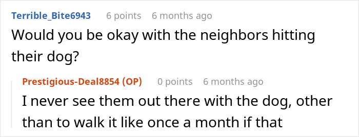 Screenshot of an online conversation about a neighbor allegedly neglecting their dog and calling animal control.