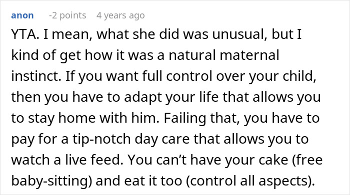 Screenshot of an online comment discussing a mother-in-law caught trying to breastfeed a baby she was watching.