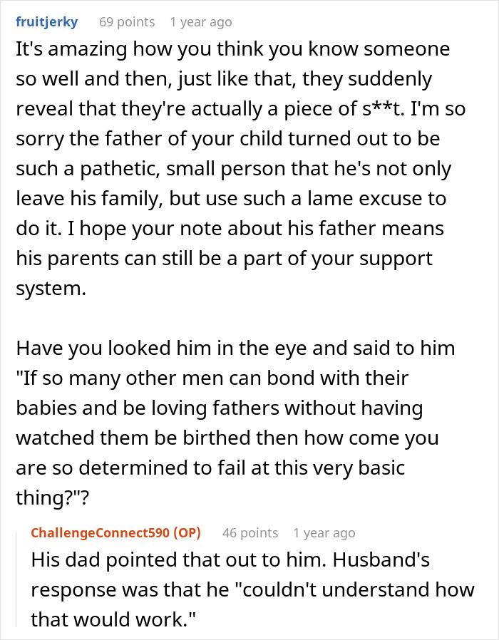 Reddit comments discussing a man who claims he can't bond with his daughter because she was a cesarean baby.