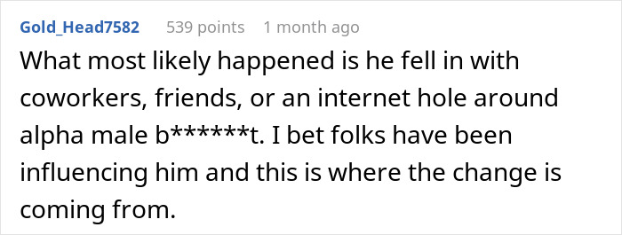 Comment discussing relationship changes, suggesting partner influenced by coworkers or friends after 10 years together.