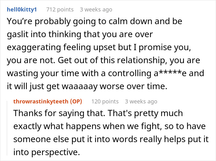 Screenshot of a Reddit conversation about a controlling guy criticizing his girlfriend for not wearing sexy clothes.