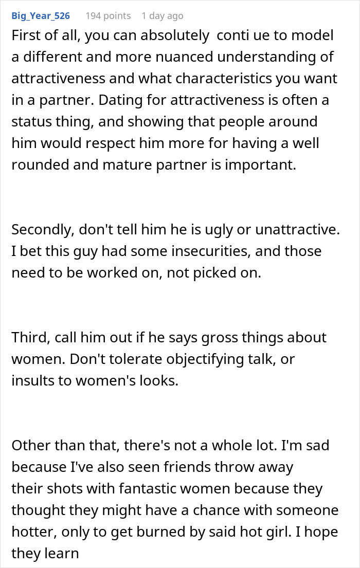 Comment discussing a man wanting to date influencer-like women and a friend's reality check on dating preferences. Comment discussing a man wanting to date influencer-like women and a friend's reality check on dating preferences.