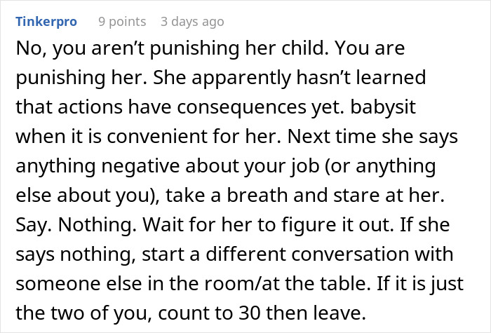 Screenshot of a forum comment advising how to handle a sister-in-law’s rudeness refusing to babysit niece. Screenshot of a forum comment advising how to handle a sister-in-law’s rudeness refusing to babysit niece.