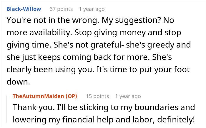 Screenshot of a Reddit conversation about a child-free lady setting boundaries on babysitting and stopping financial help.