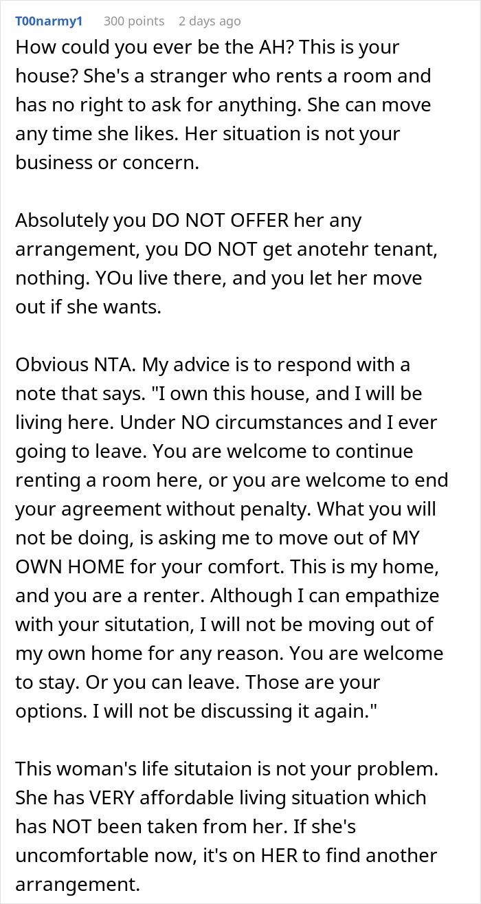 Comment discussing a man inheriting a house and tenant conflicts over living conditions and rental agreements.