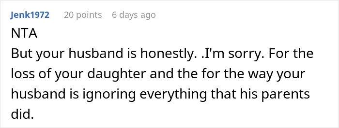 Screenshot of a forum comment discussing a woman bashed for cutting contact with in-laws who ignored their dying granddaughter.