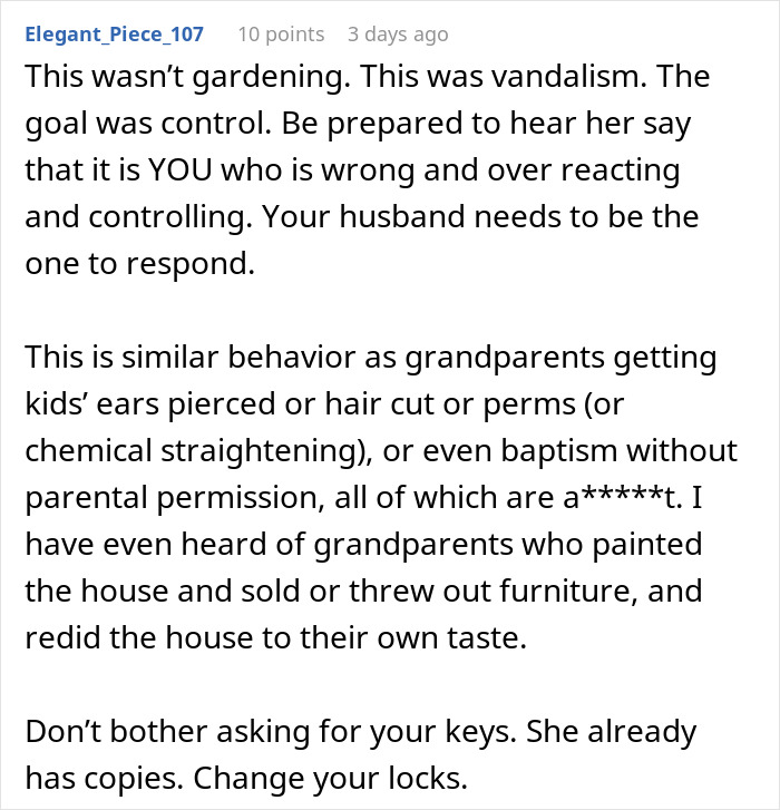 Alt text: Woman returns from vacation to find MIL landscaped her garden without permission, causing conflict over control and boundaries