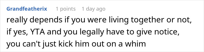 Screenshot of a Reddit comment discussing legal notice requirements when a woman confronts her cheating boyfriend at his house.