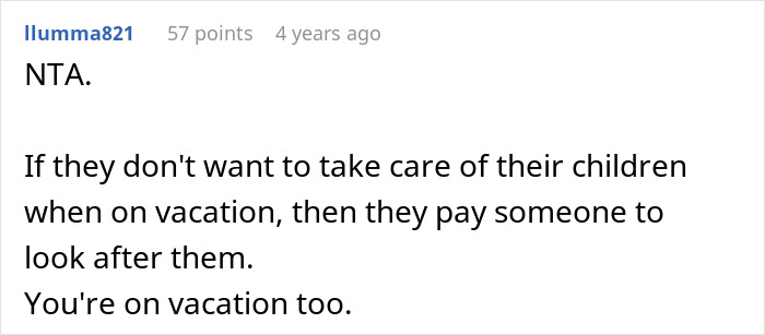 Screenshot of a forum comment discussing a 17-year-old refusing to babysit multiple kids during a family vacation.