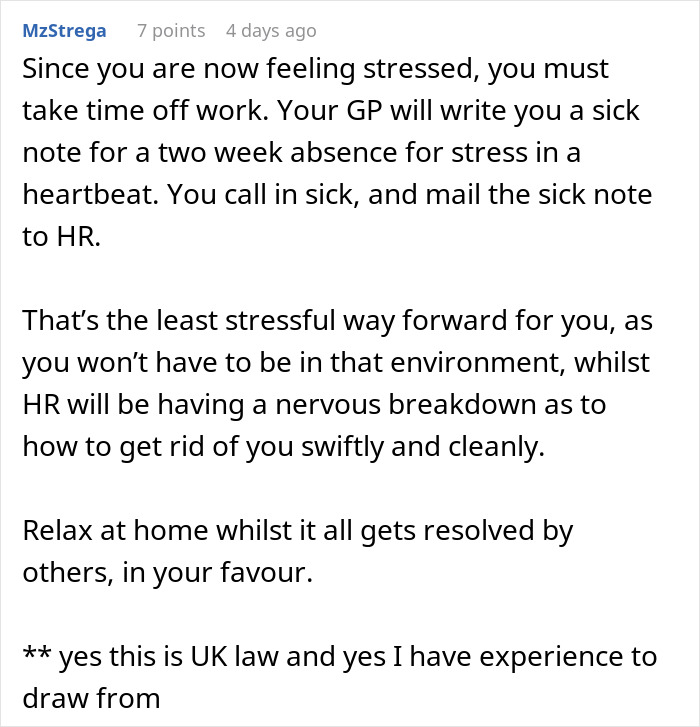 Text post explaining how a pregnant woman can use UK law to prove maternity leave eligibility and handle work stress.