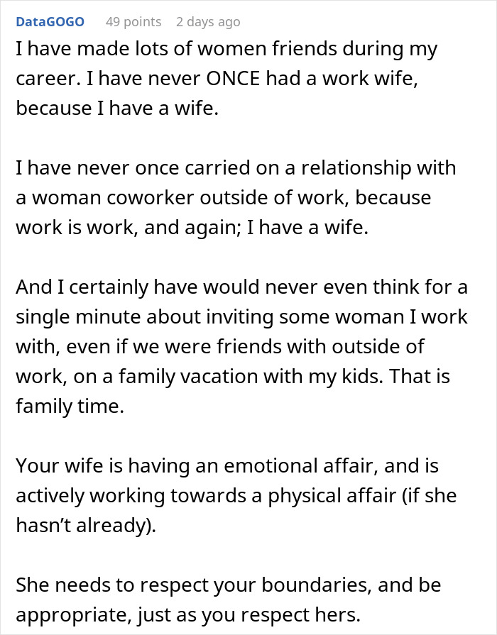 Comment discussing refusal to let wife&rsquo;s work husband join family vacation due to emotional boundaries and respect.
