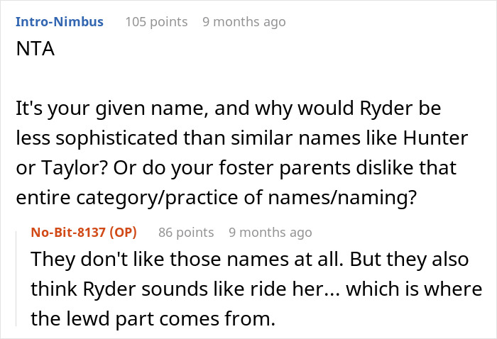 Screenshot of a discussion about foster name change parents and their opinions on the name Ryder compared to others.