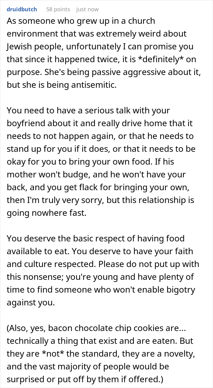 Comment discussing issues with boyfriend&rsquo;s family putting bacon in everything despite Jewish dietary restrictions.