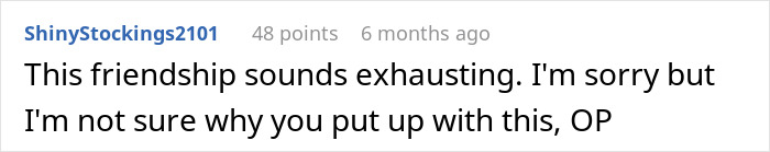 Comment text on a white background discussing a woman setting boundaries with her friend over hosting a toddler.