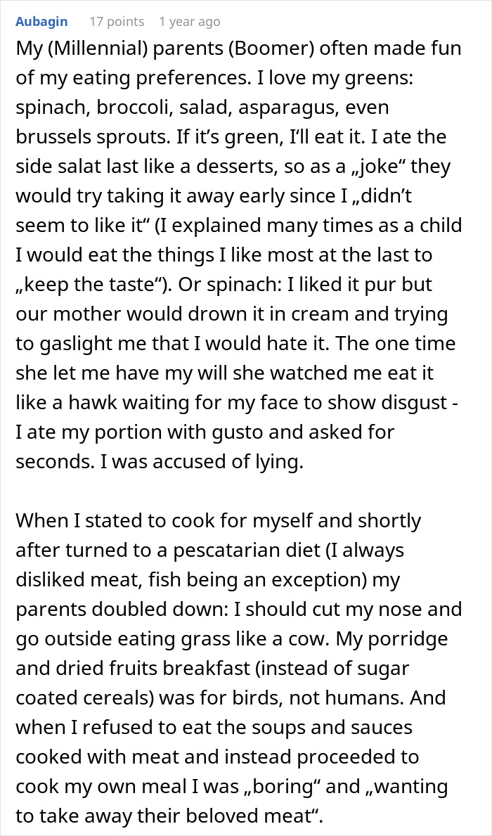 Text post describing Boomer relatives undermining kids' healthy habits by mocking food choices and pressuring to eat unhealthy options.