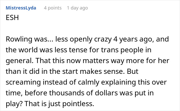 Comment discussing transphobia and the Harry Potter Wizarding World with references to Rowling and online debate.