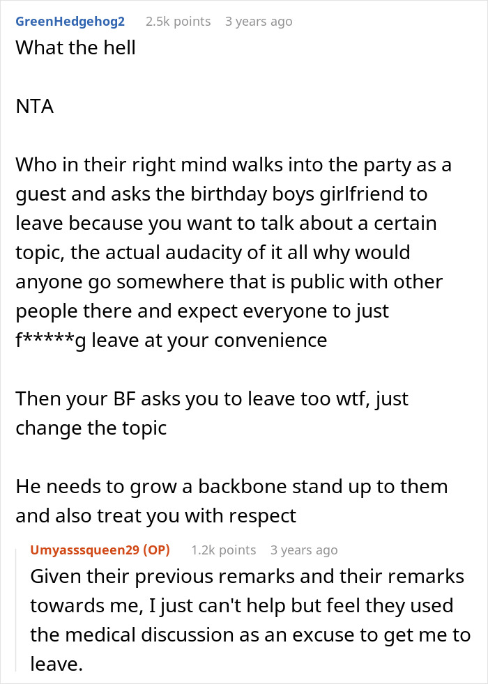 Reddit user discussing a woman refusing to leave party she planned after boyfriend and friends demand privacy.
