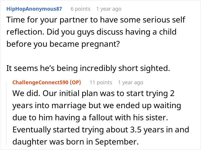 Reddit comments discussing a man struggling to bond with his daughter who was a cesarean baby and requesting divorce.