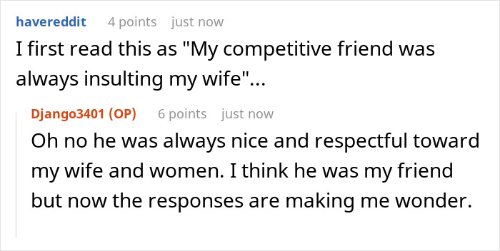 Reddit user comments discussing a misunderstanding involving a competitive friend and wine sample insult.