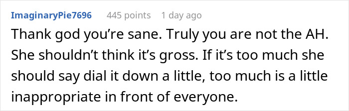 Screenshot of an online comment discussing a 45YO mom finding her 17YO son’s girlfriend kissing him after an accident gross. Screenshot of an online comment discussing a 45YO mom finding her 17YO son’s girlfriend kissing him after an accident gross.