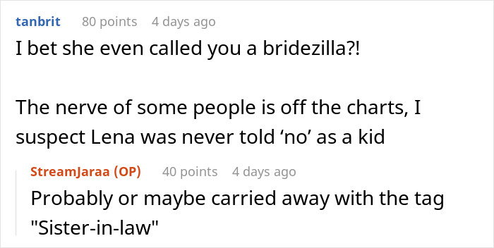 Comment thread discussing a self-appointed bridesmaid becoming an unwanted wedding planner after being cut from bridal party. Comment thread discussing a self-appointed bridesmaid becoming an unwanted wedding planner after being cut from bridal party.
