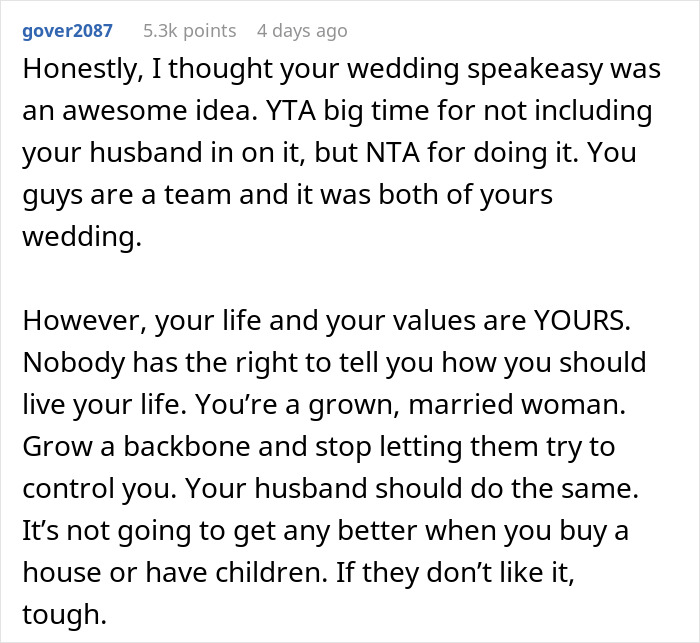 Comment discussing opinions on secretly selling alcohol at a dry wedding to cover costs and personal boundaries in marriage.