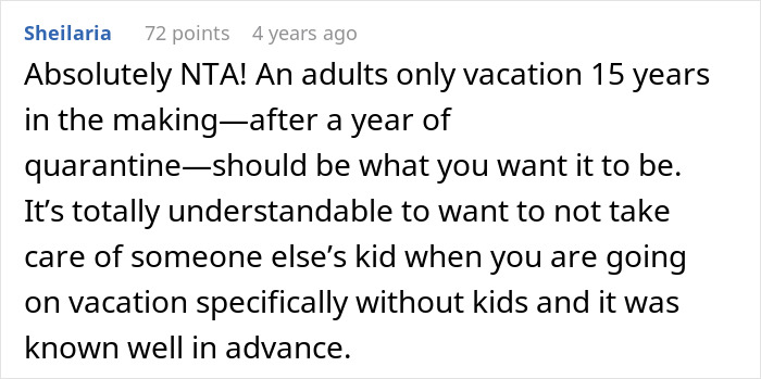 Comment highlighting the importance of enjoying a vacation without kids and the need for babysitting when traveling adults-only. Comment highlighting the importance of enjoying a vacation without kids and the need for babysitting when traveling adults-only.