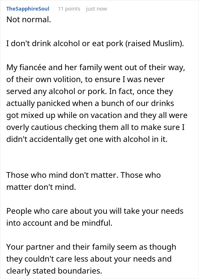 Text post discussing family dynamics when a Jewish partner&rsquo;s family puts bacon in everything during visits.