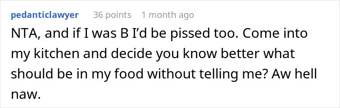 Screenshot of a social media comment discussing a friend slipping bone broth into a meat-allergic woman&rsquo;s soup against her wishes.