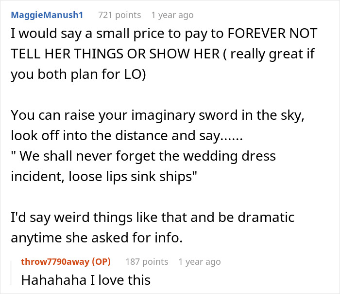 Comment thread discussing a woman devastated as MIL&rsquo;s loud comments ruin the magic of her wedding dress surprise.