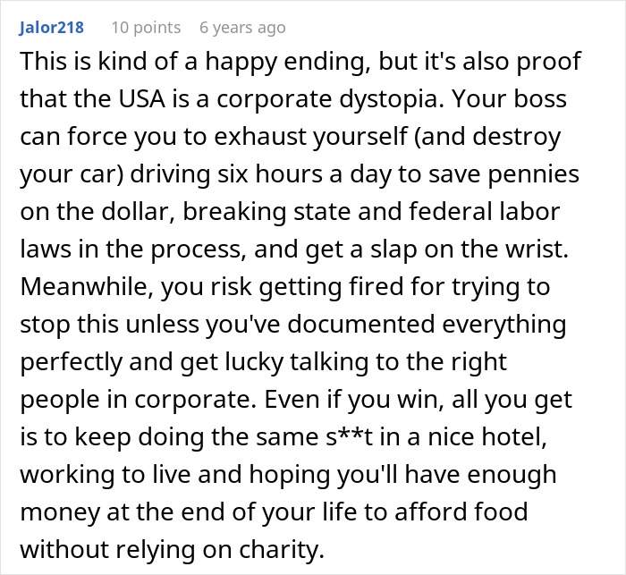 Comment discussing the impact of long commutes and overtime on work-life balance in a corporate setting. Comment discussing the impact of long commutes and overtime on work-life balance in a corporate setting.