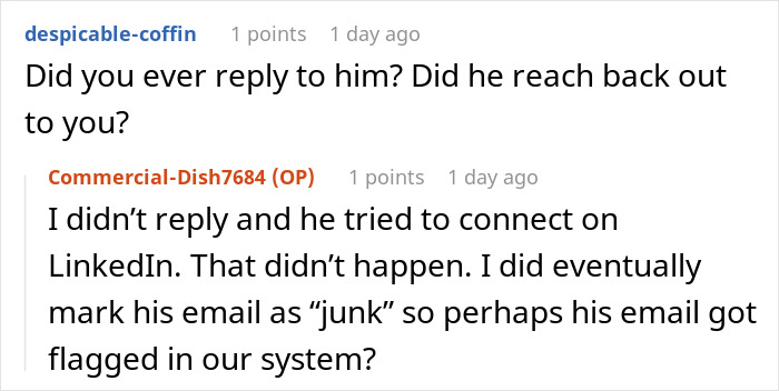 Reddit conversation about a guy who ghosts friend after divorce and later seeks a job referral.