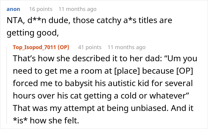 Reddit conversation about a man needing his niece to watch his 11-year-old son during an emergency and her requesting $100.