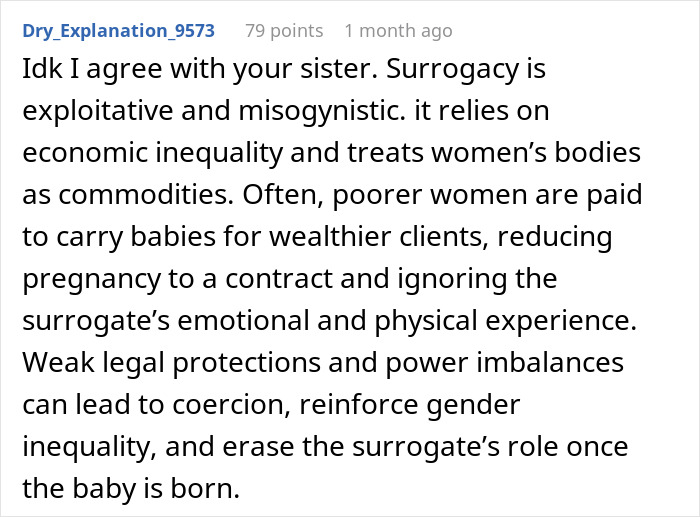 Comment discussing surrogacy as misogynistic, highlighting economic inequality and exploitation of women&rsquo;s bodies.
