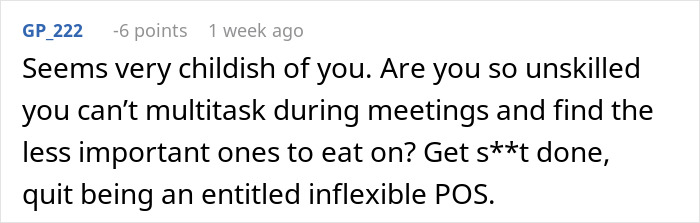 Comment criticizing lunch break meetings, highlighting frustration over boss demands and sacrifice in workplace discussions. Comment criticizing lunch break meetings, highlighting frustration over boss demands and sacrifice in workplace discussions.