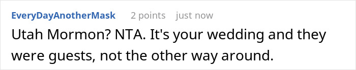 Screenshot of an online comment discussing a dry wedding with secretly sold alcohol to cover costs.