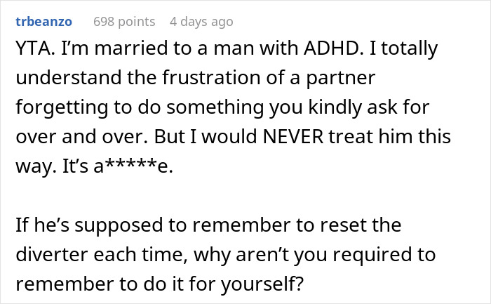 Comment discussing frustration with husband's bad memory and threats of giving cold showers as a response.