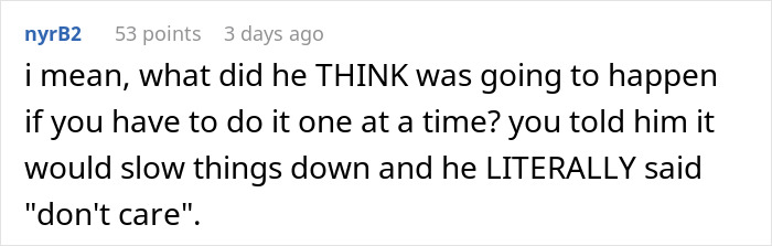 Screenshot of a Reddit comment discussing the store disaster caused by the manager&rsquo;s unusual new rule slowing down work.