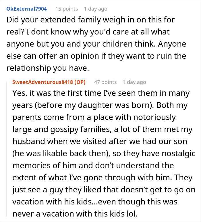 Text conversation about family opinions, featuring a woman explaining past encounters and frustrations with her ex and relatives.