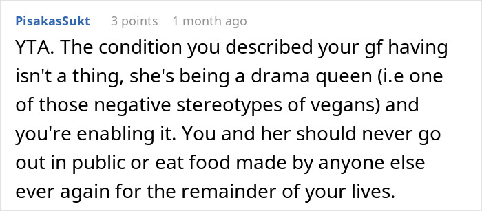 Comment discussing a friend slipping bone broth to a meat-allergic woman, questioning vegetarian identity and drama.