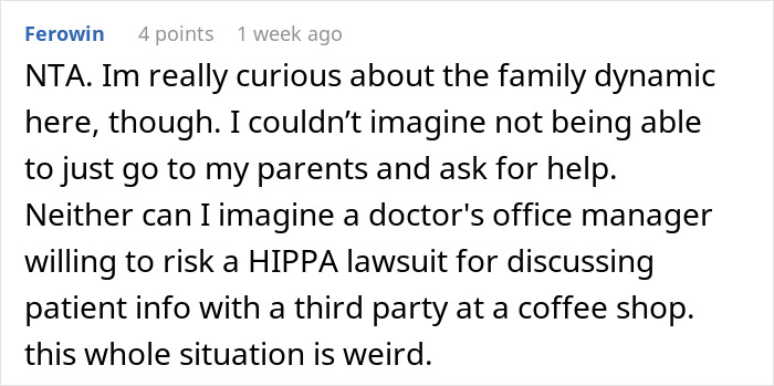 Screenshot of an online comment discussing family dynamics and exposing fake cancer in a sibling situation. Screenshot of an online comment discussing family dynamics and exposing fake cancer in a sibling situation.