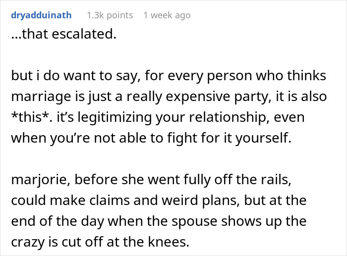 Reddit user dryadduinath shares a dramatic comment on marriage legitimacy and secret plans involving a late man&rsquo;s best friend and widow.
