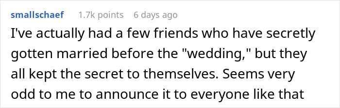 Comment discussing friends who secretly married before the wedding and the surprise of revealing it publicly. Comment discussing friends who secretly married before the wedding and the surprise of revealing it publicly.