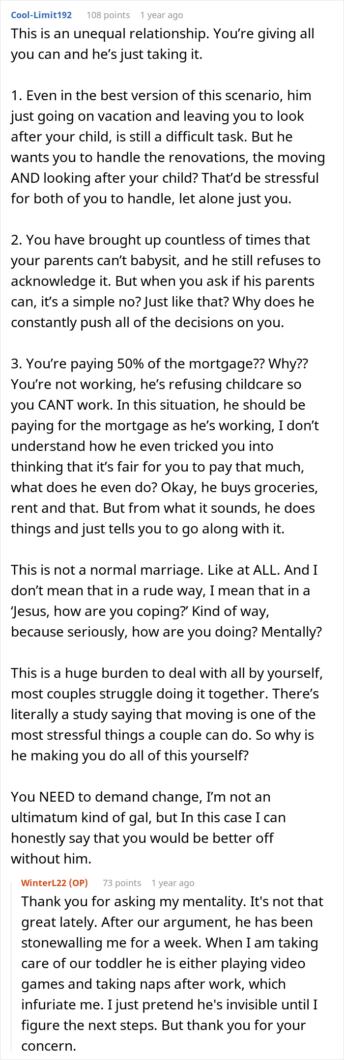 Comment on an unequal relationship where the husband leaves house moving and childcare responsibilities to the wife while he travels.