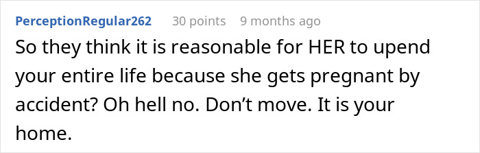 Comment expressing support for a woman standing her ground after roommate demands she move out for nursery space. Comment expressing support for a woman standing her ground after roommate demands she move out for nursery space.