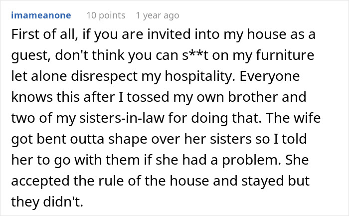 Text comment from user explaining how he enforces house rules with brother and sisters-in-law, addressing disrespect and hospitality issues.