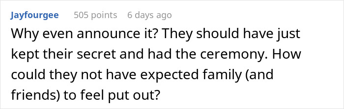 Comment expressing confusion about wedding guests feeling shocked after couple revealed they eloped three years ago. Comment expressing confusion about wedding guests feeling shocked after couple revealed they eloped three years ago.