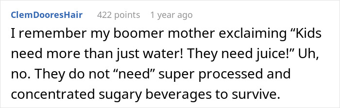 Screenshot of an online comment discussing boomer relatives undermining kids' healthy habits with candies and soda.