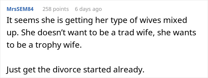 Screenshot of a comment discussing confusion about tradwife roles and mentioning starting a divorce.